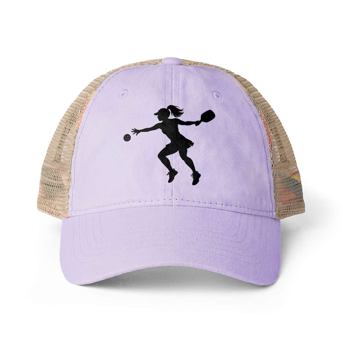 A light purple trucker hat with beige mesh back panels and a black silhouette of a female pickleball player on the front, shown against a plain white background.